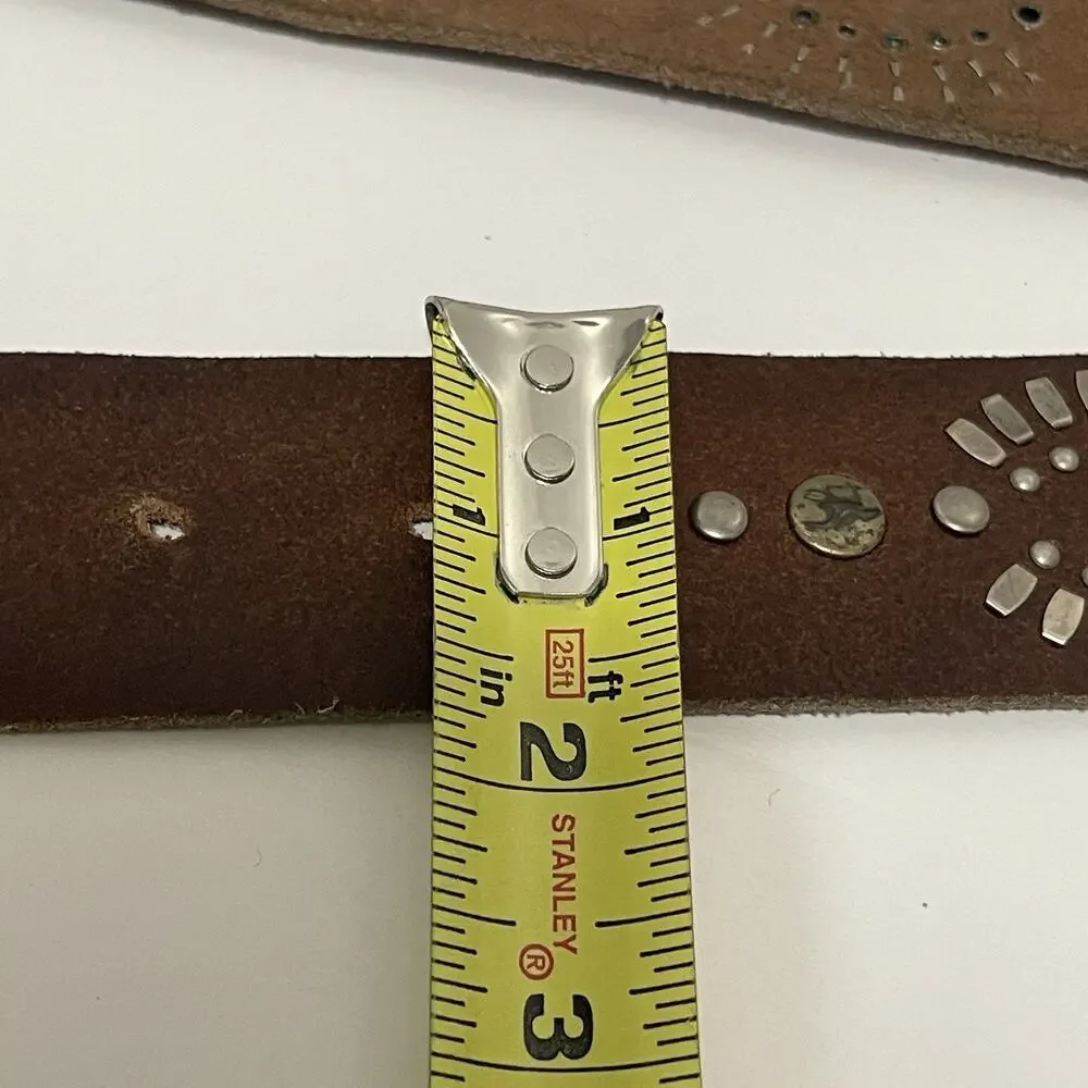 Hollister Belt Womens Large Genuine Leather Brown Silver Studded Boho Festival